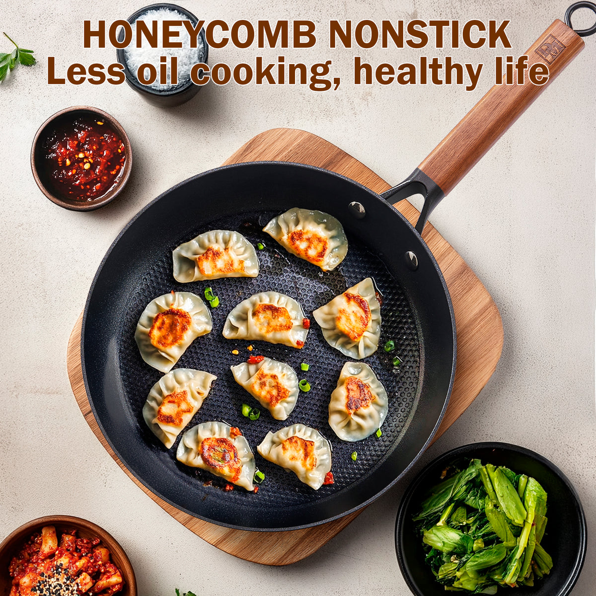 DM Cast Iron Skillet, 3 Piece Nonstick Frying Pan Set, 8â€?10â€?12â€?with Detachable Acacia Wooden Handle, Honeycomb Non stick Omelet Egg Pan, Easy Clean Oven Safe Pans for Cooking