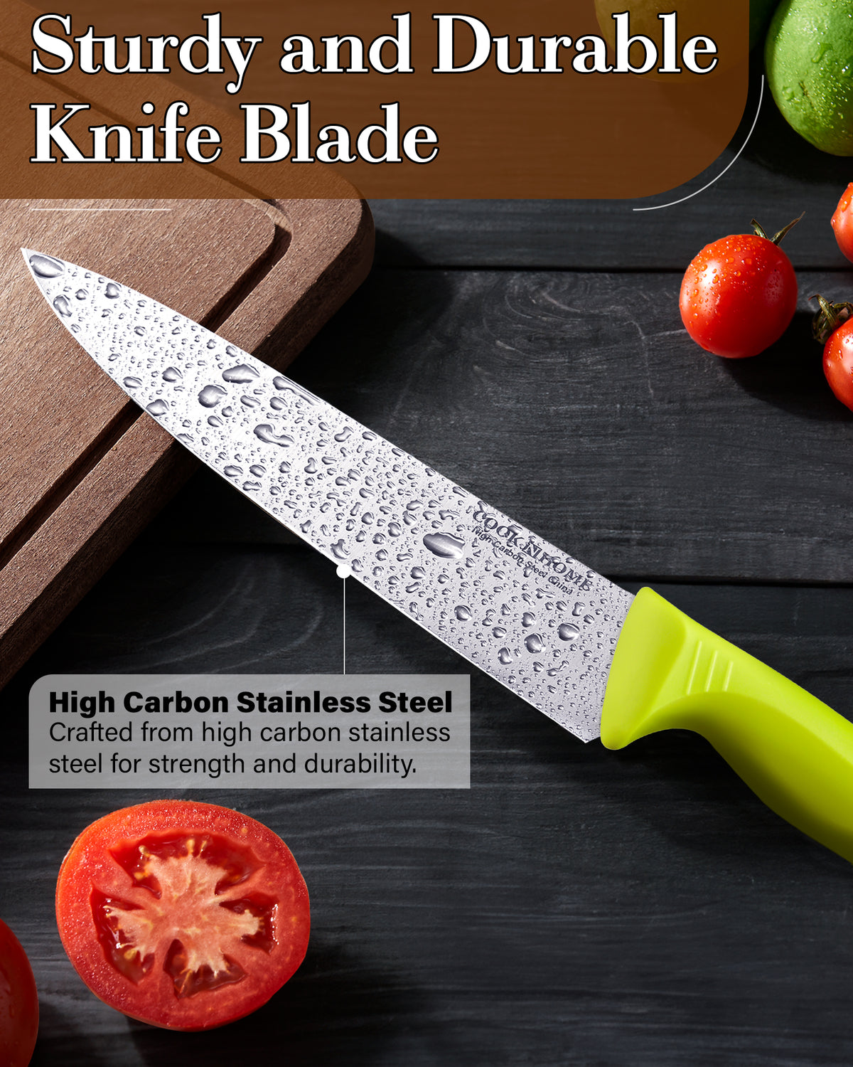 Cook N Home Chef's Knife Multi-Purpose 8-Inch, Straight Edge High Carbon German Stainless Steel Sharp Kitchen Knife, Ergonomic Handle, Green
