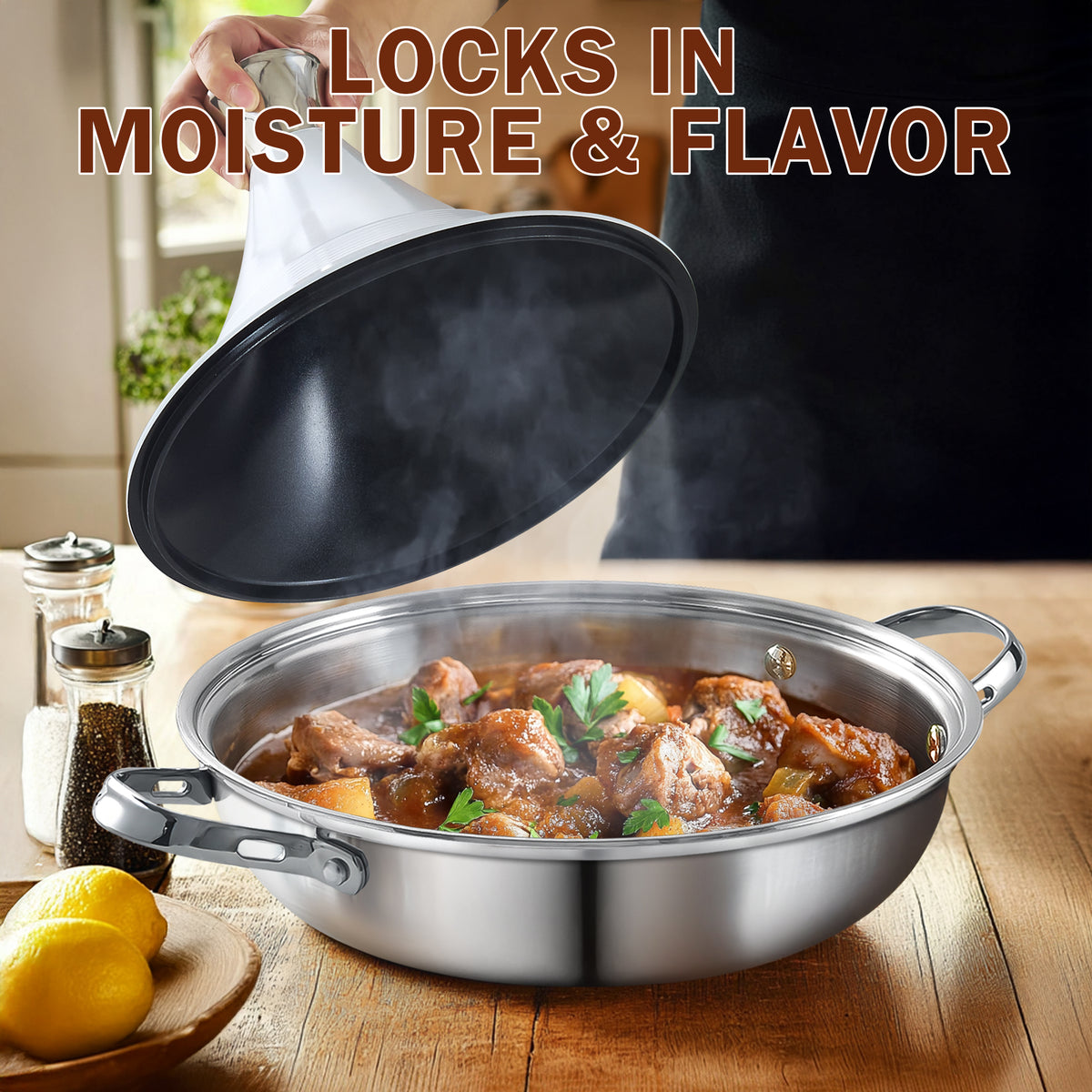 D&M Tagine Pot, 11 Inch 3.6 Quart Moroccan Clay Tagine Pot Alternative, Multi-Ply Clad Stainless Steel, Traditional Cooking Pot with Die-Cast Aluminum White Conical Lid and Stainless Steel Knob