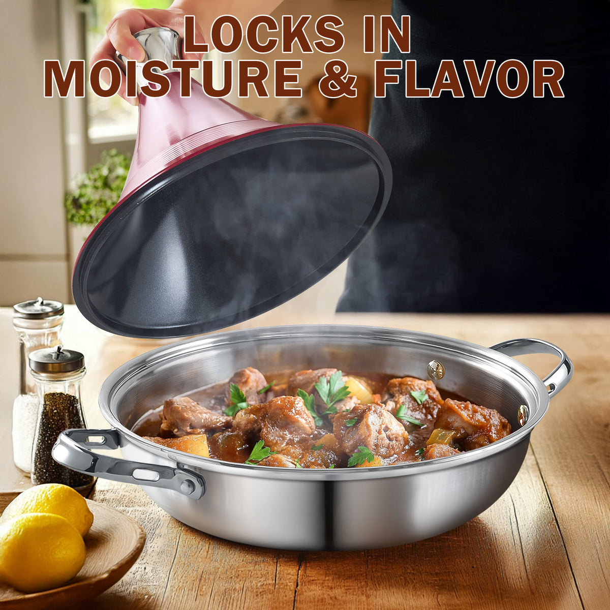 D&M Tagine Pot, 11 Inch 3.6 Quart Moroccan Clay Tagine Pot Alternative, Multi-Ply Clad Stainless Steel, Traditional Cooking Pot with Die-Cast Aluminum Red Conical Lid and Stainless Steel Knob