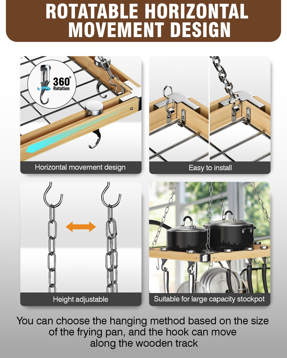 Cooks Standard 24-Inch Ceiling Mounted Wooden Pot Rack with Movable Hooks