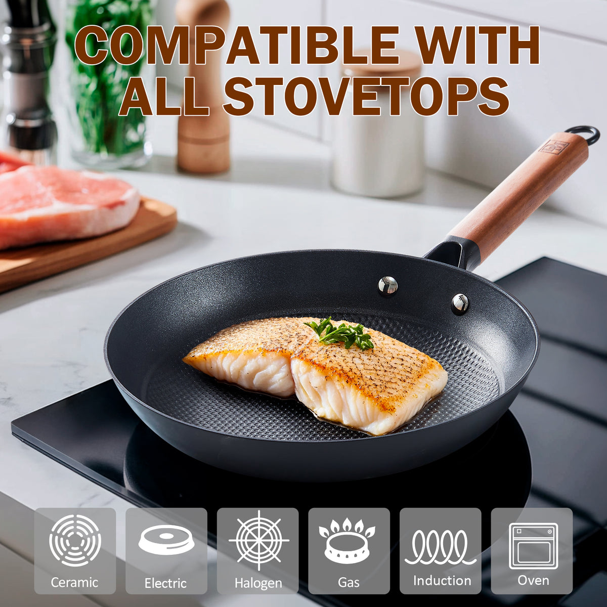 D&M Cast Iron Skillet, 8 Inch Nonstick Frying Pan with Detachable Acacia Wooden Handle, Honeycomb Non stick Omelet Egg Pan, Easy Clean Oven Safe Pans for Cooking