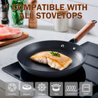 D&M Cast Iron Skillet, 12 Inch Nonstick Frying Pan with Detachable Acacia Wooden Handle, Honeycomb Non stick Omelet Egg Pan, Easy Clean Oven Safe Pans for Cooking