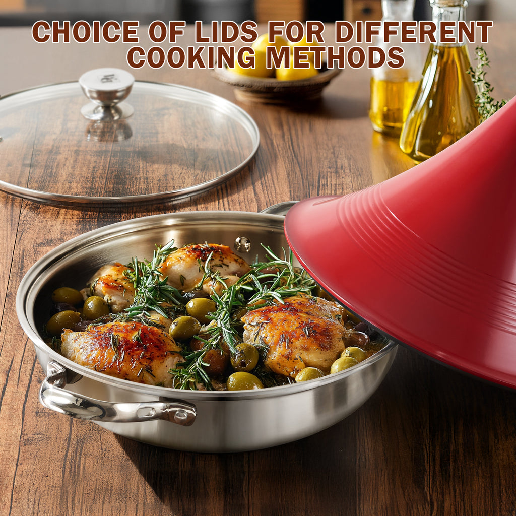D&M Tagine Pot, 11 Inch 3.6 Quart Moroccan Clay Tagine Pot Alternative, Multi-Ply Clad Stainless Steel, Traditional Cooking Pot with Die-Cast Aluminum Red Conical Lid and Stainless Steel Knob
