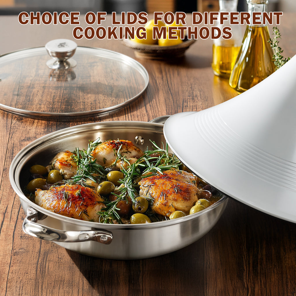D&M Tagine Pot, 11 Inch 3.6 Quart Moroccan Clay Tagine Pot Alternative, Multi-Ply Clad Stainless Steel, Traditional Cooking Pot with Die-Cast Aluminum White Conical Lid and Stainless Steel Knob