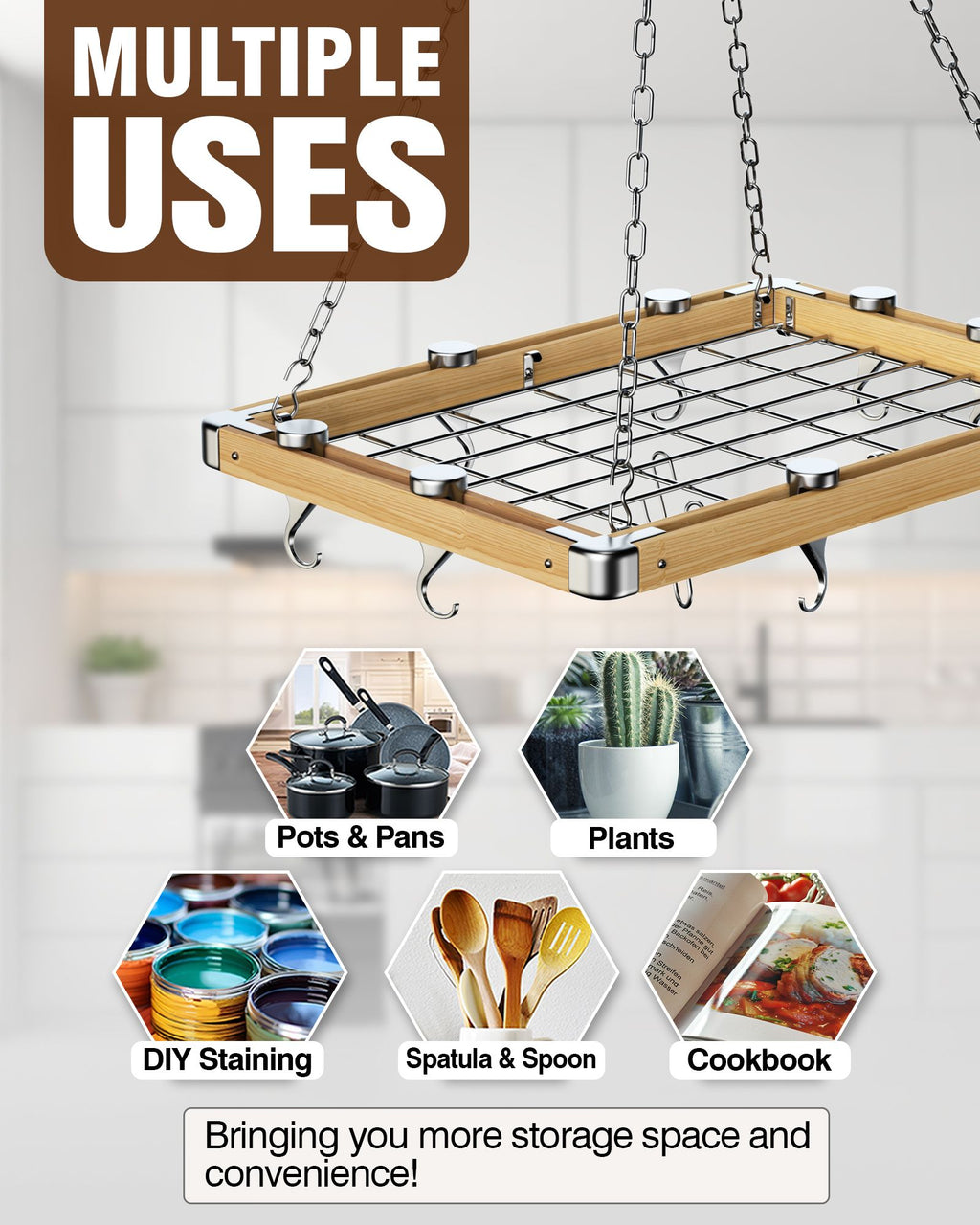 Cooks Standard 24-Inch Ceiling Mounted Wooden Pot Rack with Movable Hooks