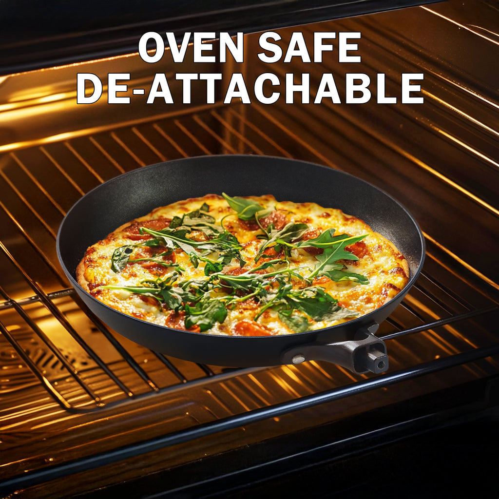 D&M Cast Iron Skillet, 12 Inch Nonstick Frying Pan with Detachable Acacia Wooden Handle, Honeycomb Non stick Omelet Egg Pan, Easy Clean Oven Safe Pans for Cooking
