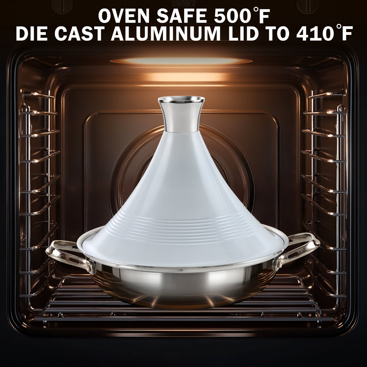D&M Tagine Pot, 11 Inch 3.6 Quart Moroccan Clay Tagine Pot Alternative, Multi-Ply Clad Stainless Steel, Traditional Cooking Pot with Die-Cast Aluminum White Conical Lid and Stainless Steel Knob