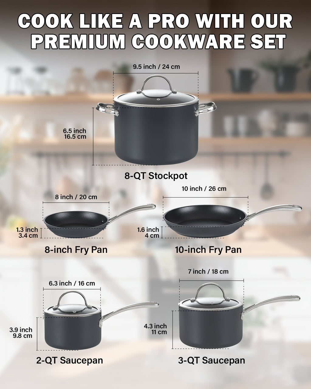 Cooks Standard Nonstick Hard Anodized Cookware Set, 8 Piece, Black