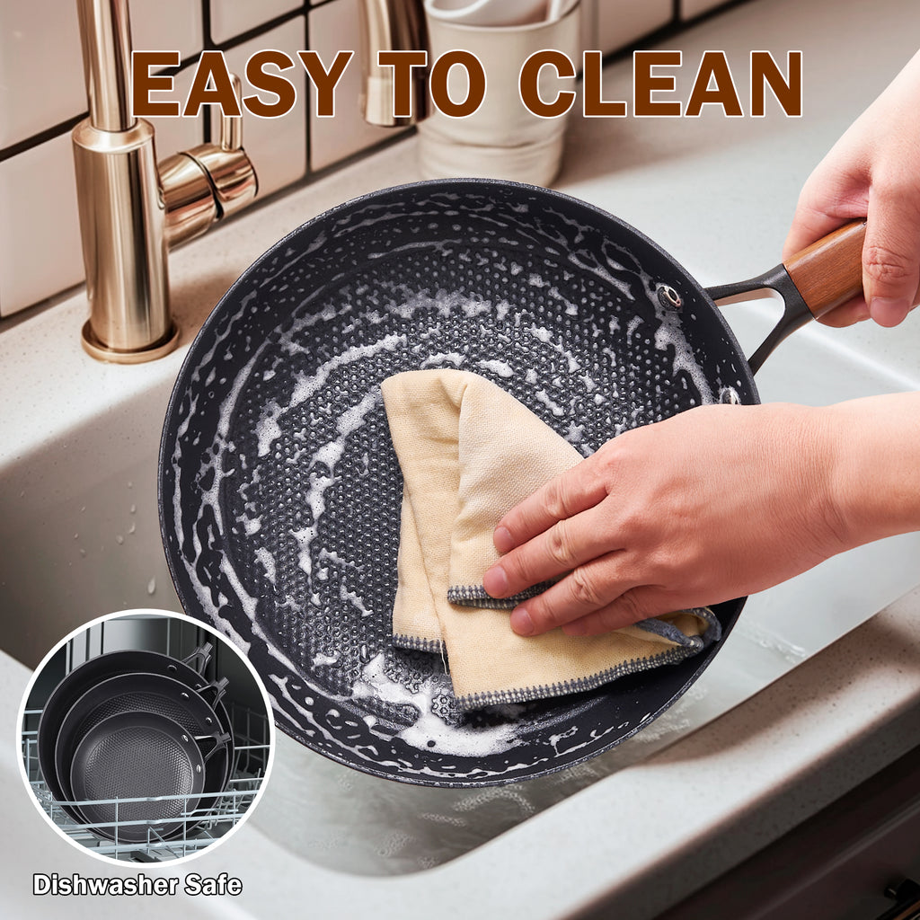 DM Cast Iron Skillet, 2 Piece Nonstick Frying Pan Set, 10 and 12 Inch with Detachable Acacia Wooden Handle, Honeycomb Non stick Omelet Egg Pan, Easy Clean Oven Safe Pans for Cooking