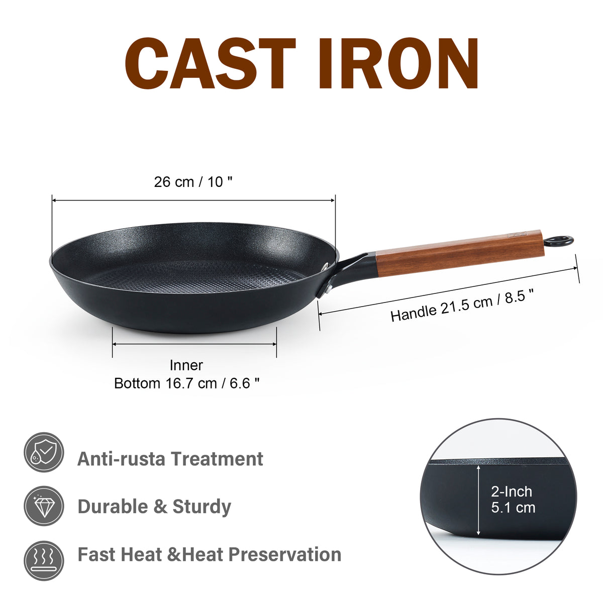 D&M 10-Inch Enameled Cast Iron Nonstick Skillet with Detachable Acacia Wood Handle