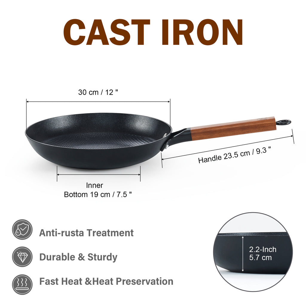 D&M Cast Iron Skillet, 12 Inch Nonstick Frying Pan with Detachable Acacia Wooden Handle, Honeycomb Non stick Omelet Egg Pan, Easy Clean Oven Safe Pans for Cooking
