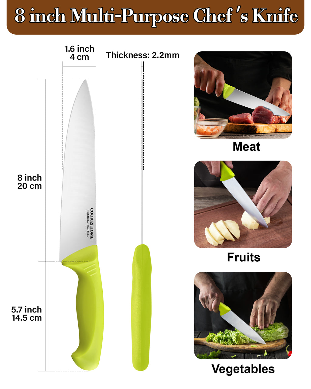 Cook N Home Chef's Knife Multi-Purpose 8-Inch, Straight Edge High Carbon German Stainless Steel Sharp Kitchen Knife, Ergonomic Handle, Green