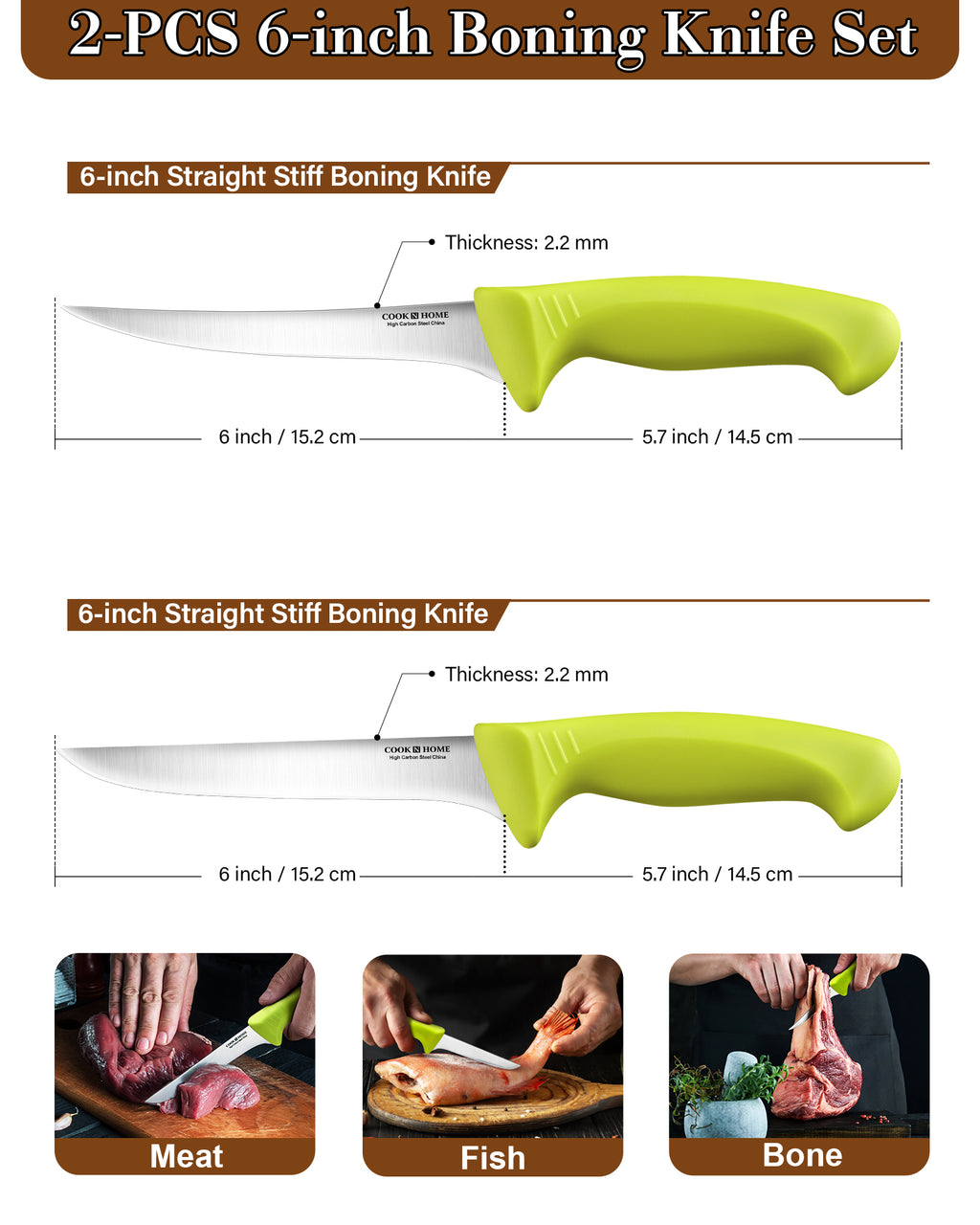 Cook N Home Boning Knife Set 2-Piece, 6-inch High Carbon German Stainless Steel Flexible Curved and Straight Stiff Boning Kitchen Knives, Ergonomic Handle, Green