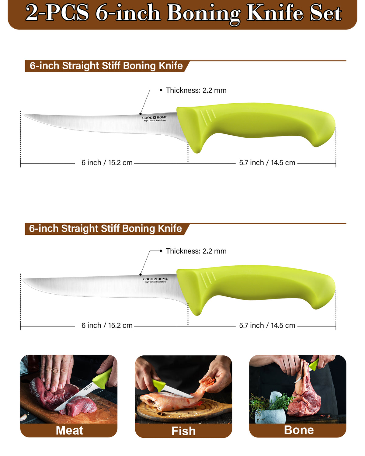 Cook N Home Boning Knife Set 2-Piece, 6-inch High Carbon German Stainless Steel Flexible Curved and Straight Stiff Boning Kitchen Knives, Ergonomic Handle, Green