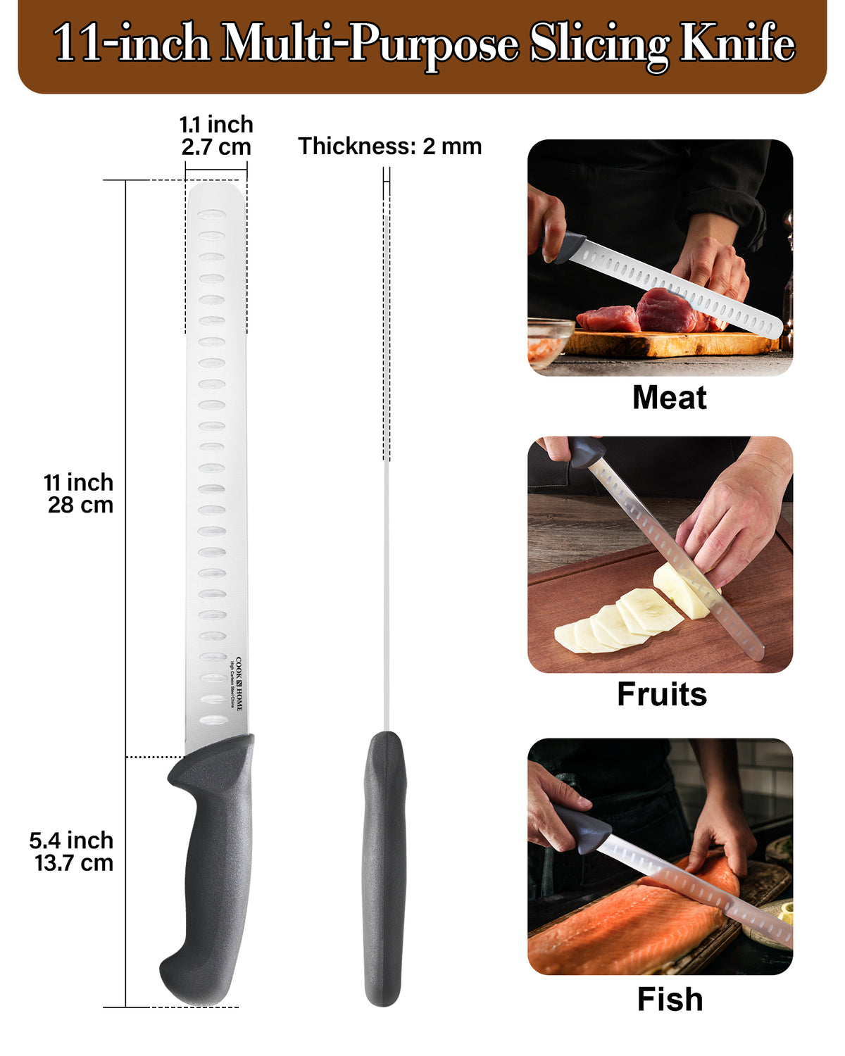 Cook N Home 11-Inch High Carbon Stainless Steel Slicing Carving Knife