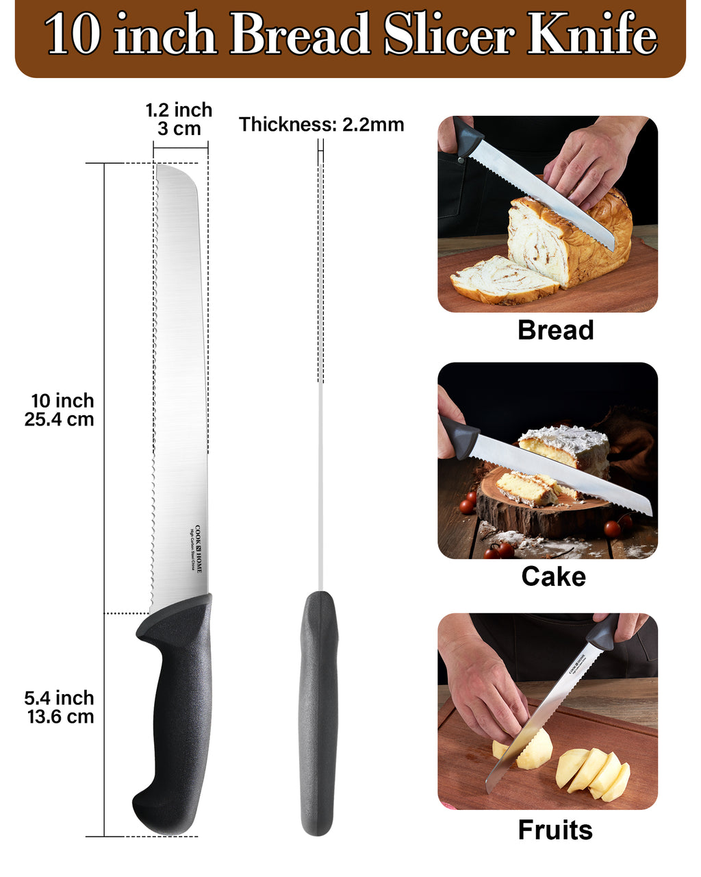 Cook N Home 10-Inch High Carbon Stainless Steel Serrated Bread Knife