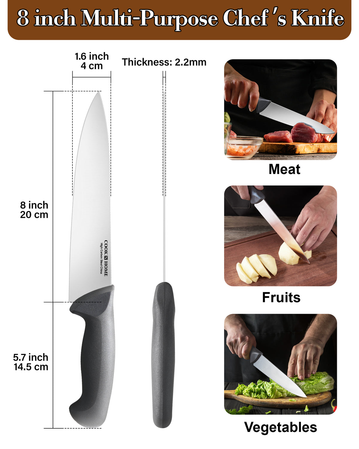 Cook N Home 8-Inch High Carbon Stainless Steel Chef's Knife