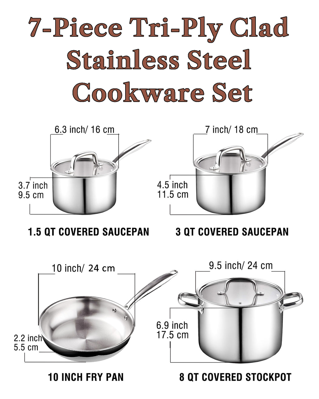 Cook N Home Tri-Ply Clad Stainless Steel Pots and Pans Cookware Set , with Saucepan, Fry Pan, Stockpot