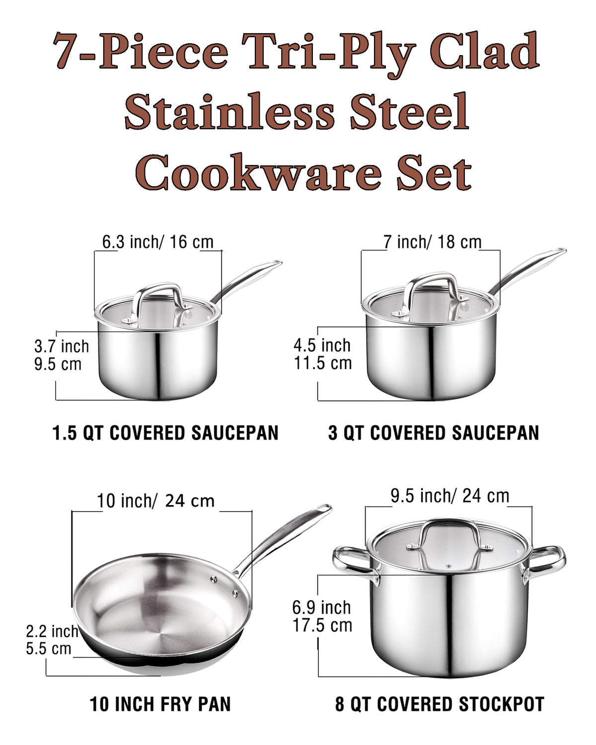 Cook N Home Tri-Ply Clad Stainless Steel Pots and Pans Cookware Set , with Saucepan, Fry Pan, Stockpot