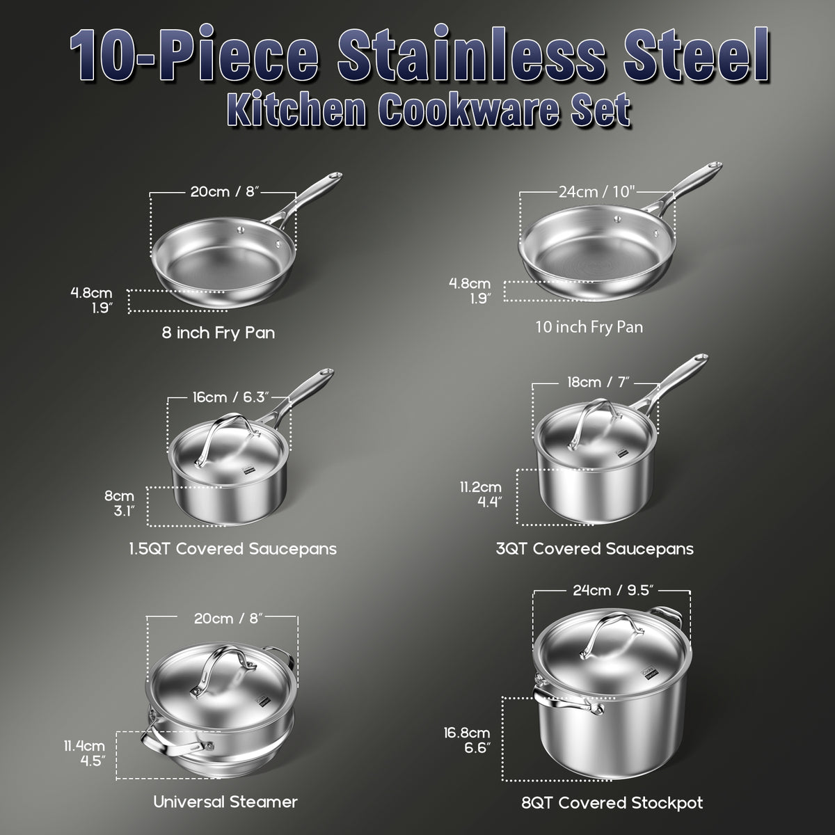 Cooks Standard Multi-Ply Clad Stainless Steel Pots and Pans Set, 10-pc