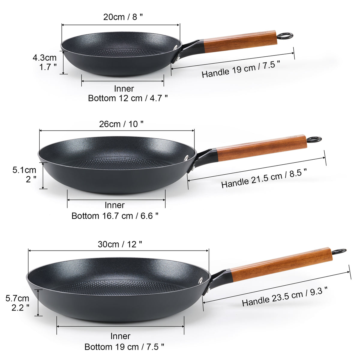 DM Cast Iron Skillet, 3 Piece Nonstick Frying Pan Set, 8â€?10â€?12â€?with Detachable Acacia Wooden Handle, Honeycomb Non stick Omelet Egg Pan, Easy Clean Oven Safe Pans for Cooking