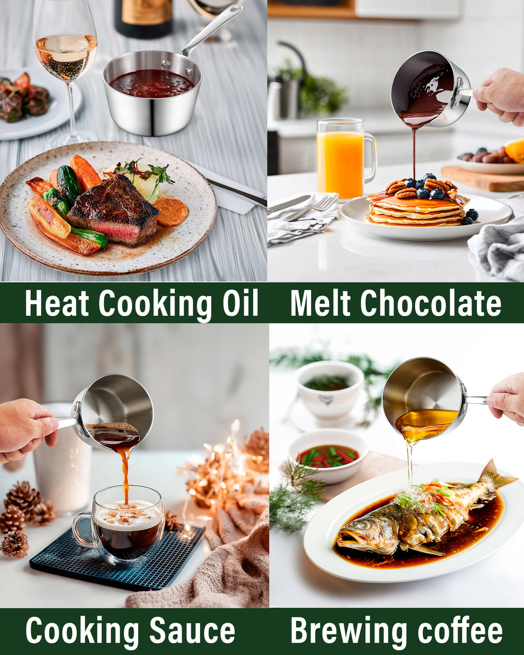 D&M Butter Warmer Set, 4-Piece Milk Frother and Chocolate Melting Pot, Multi-Ply Clad Stainless Steel Small Saucepan for Induction Stovetop, Coffee, Butter, Syrup, 0.14/0.23/0.39/0.57 Quart