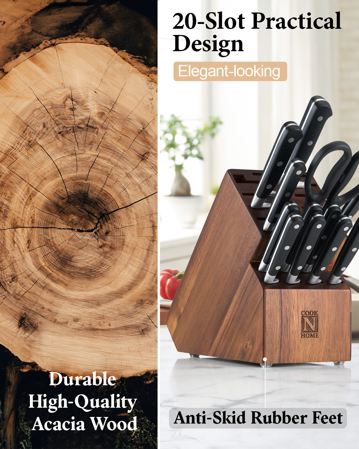 Cook N Home 20-Slot Acacia Wood Knife Storage Block