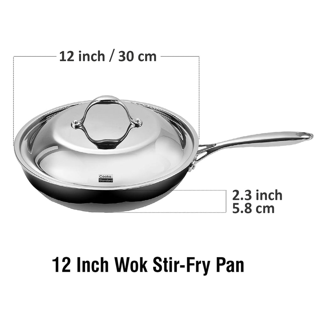 Cooks Standard Stainless Steel Frying Pan 12 Inch, Multi-Ply Full Clad Wok Stir-Fry Cooking Pans with Dome Lid, Stay-Cool Handle, Dishwasher Safe, Oven Safe 500°F, Silver