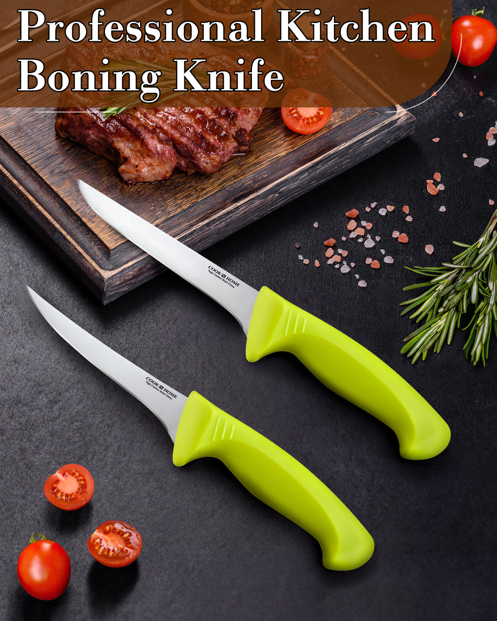 Cook N Home Boning Knife Set 2-Piece, 6-inch High Carbon German Stainless Steel Flexible Curved and Straight Stiff Boning Kitchen Knives, Ergonomic Handle, Green