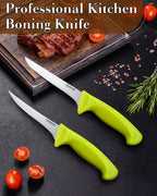 Cook N Home Boning Knife Set 2-Piece, 6-inch High Carbon German Stainless Steel Flexible Curved and Straight Stiff Boning Kitchen Knives, Ergonomic Handle, Green