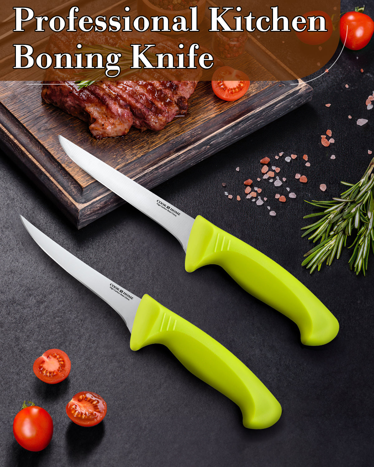 Cook N Home Boning Knife Set 2-Piece, 6-inch High Carbon German Stainless Steel Flexible Curved and Straight Stiff Boning Kitchen Knives, Ergonomic Handle, Green