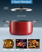 Cook N Home 6-Quart Nonstick Stockpot with Glass Lid, Marble Red