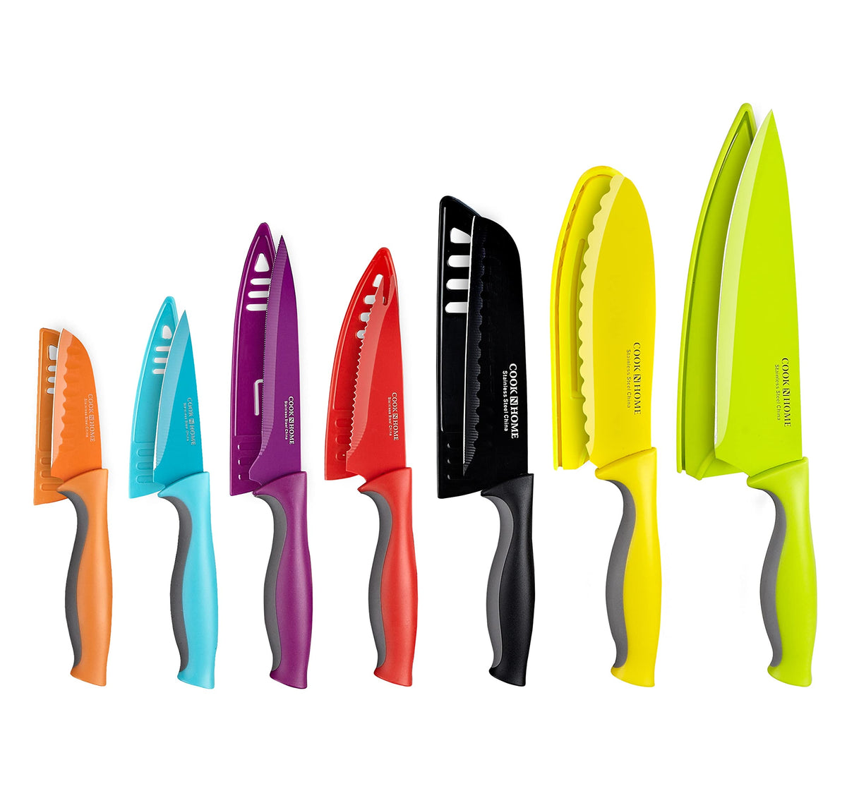Cook N Home 14-Piece Carbon Stainless Steel Knife Set with 7 Sheaths, Color Coded, Multicolor