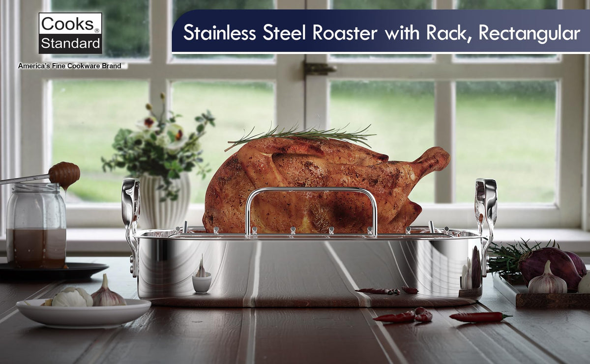 Cooks Standard 14 x 12 Inch Stainless Steel Roaster Pan with V-Shaped Rack