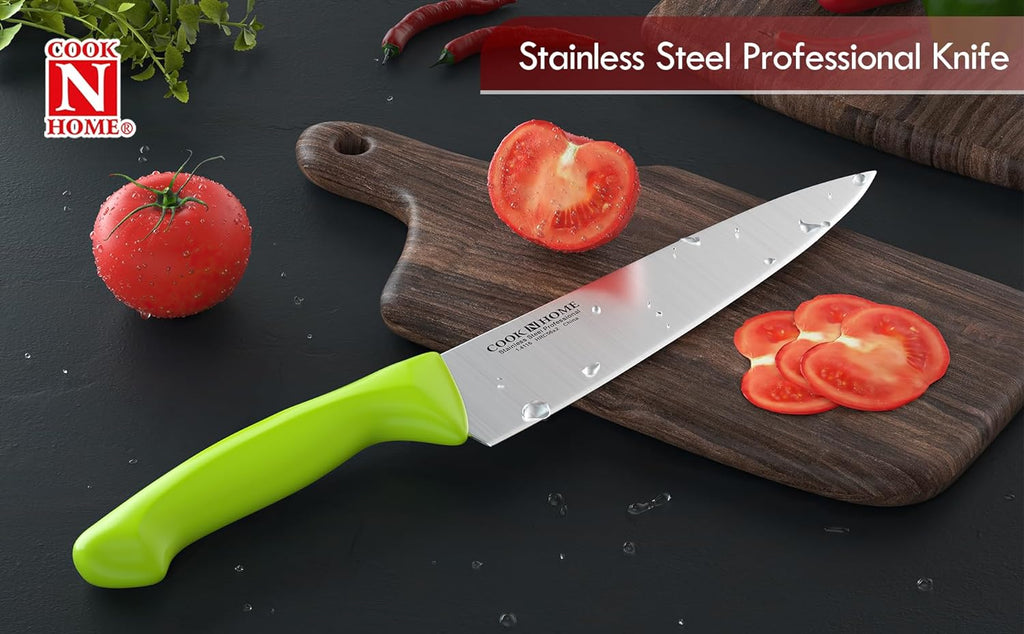 Cook N Home Chef's Knife Multi-Purpose 8-Inch, Straight Edge High Carbon German Stainless Steel Sharp Kitchen Knife, Ergonomic Handle, Green