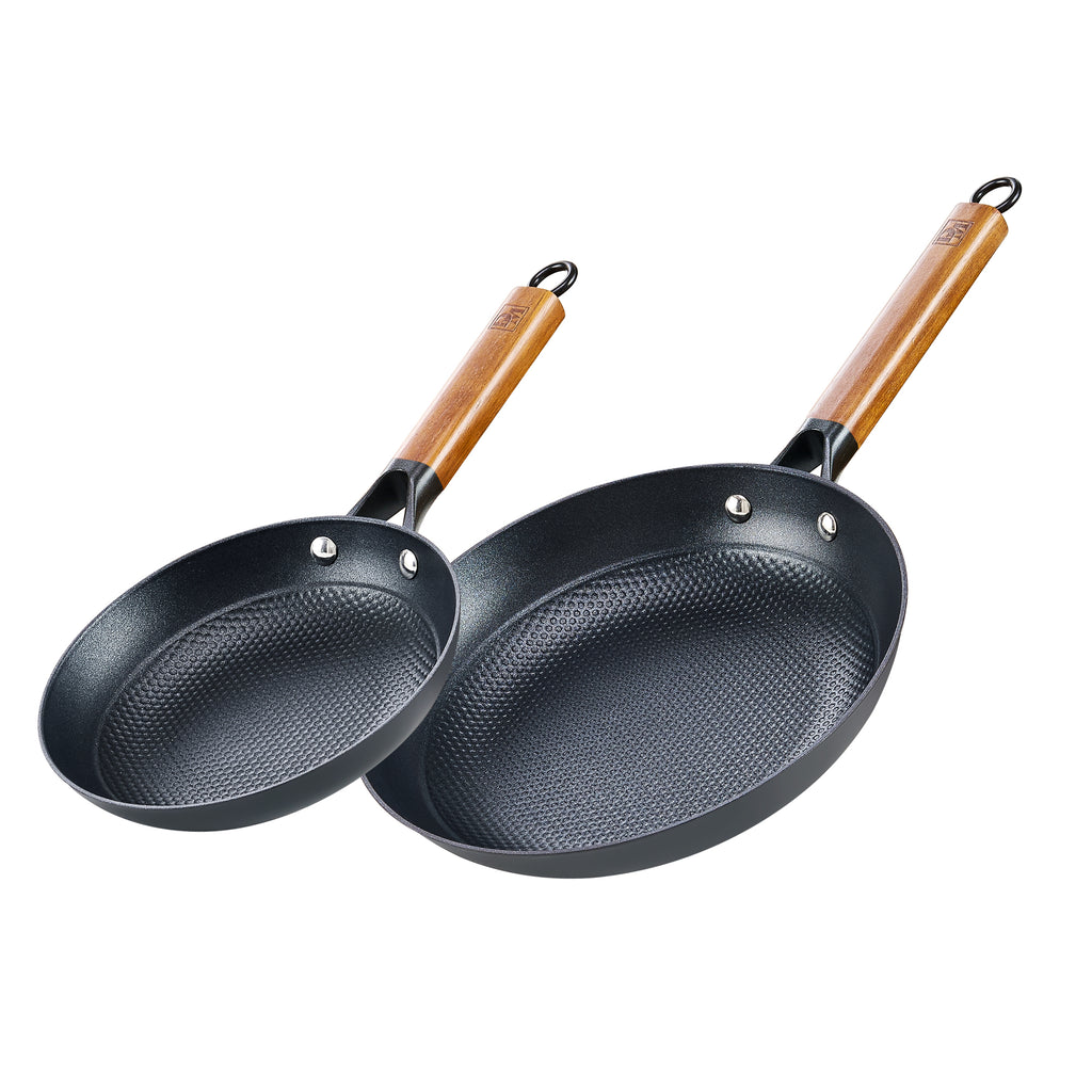 DM Cast Iron Skillet, 2 Piece Nonstick Frying Pan Set, 8 and 10 Inch with Detachable Acacia Wooden Handle, Honeycomb Non stick Omelet Egg Pan, Easy Clean Oven Safe Pans for Cooking