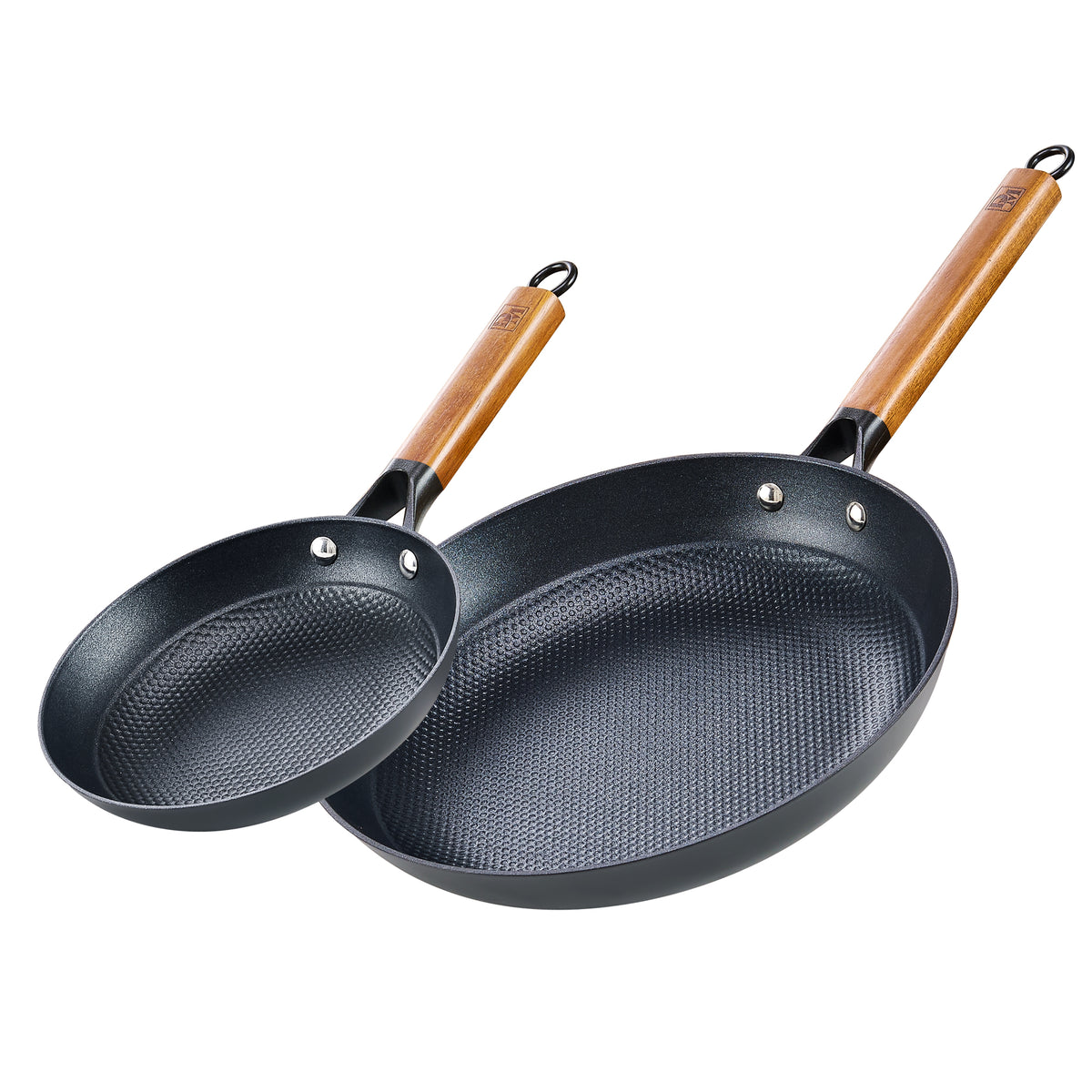 DM Cast Iron Skillet, 2 Piece Nonstick Frying Pan Set, 8 and 12 Inch with Detachable Acacia Wooden Handle, Honeycomb Non stick Omelet Egg Pan, Easy Clean Oven Safe Pans for Cooking