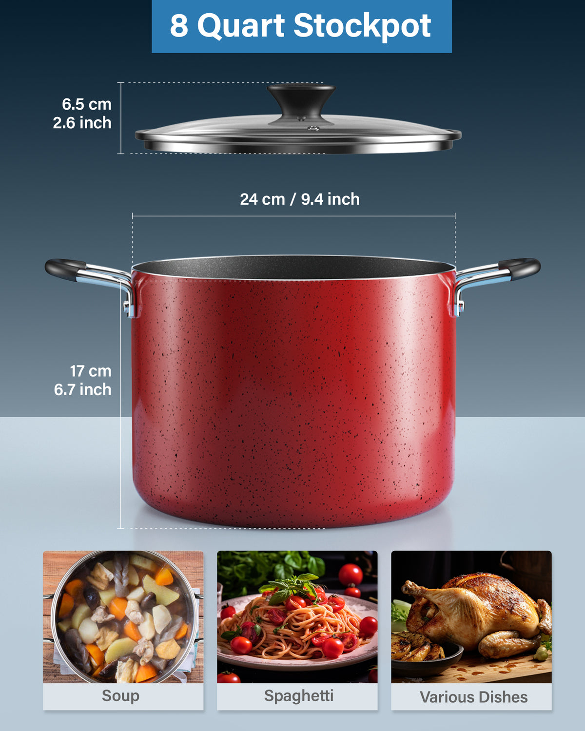 Cook N Home 8-Quart Nonstick Stockpot with Glass Lid, Marble Red