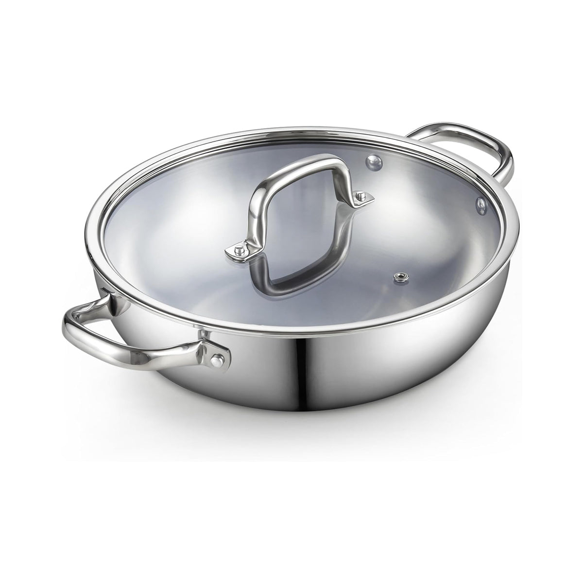 Cook N Home 12-Inch Tri-Ply Clad Stainless Steel Wok with Glass Lid