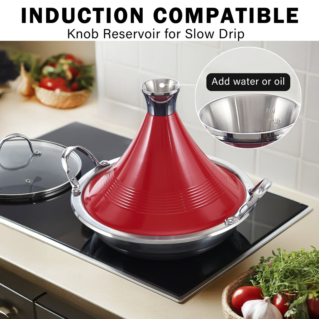 Cooks Standard Moroccan Tagine Pot, 3.6 Qt Multi-Ply Clad Stainless Steel Pan with Dual Handles, Clay Pot Alternative for Slow Cooking, Cone-Shaped Die-Cast Aluminum Lid & Extra Glass Lid, Red