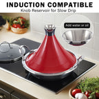 Cooks Standard Moroccan Tagine Pot, 3.6 Qt Multi-Ply Clad Stainless Steel Pan with Dual Handles, Clay Pot Alternative for Slow Cooking, Cone-Shaped Die-Cast Aluminum Lid & Extra Glass Lid, Red