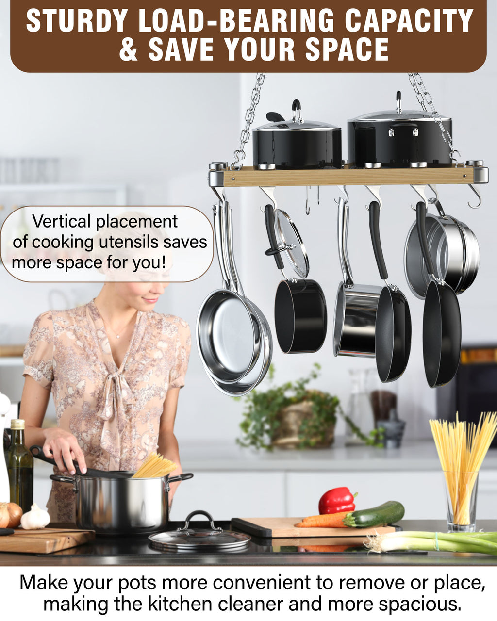 Cooks Standard 24-Inch Ceiling Mounted Wooden Pot Rack with Movable Hooks