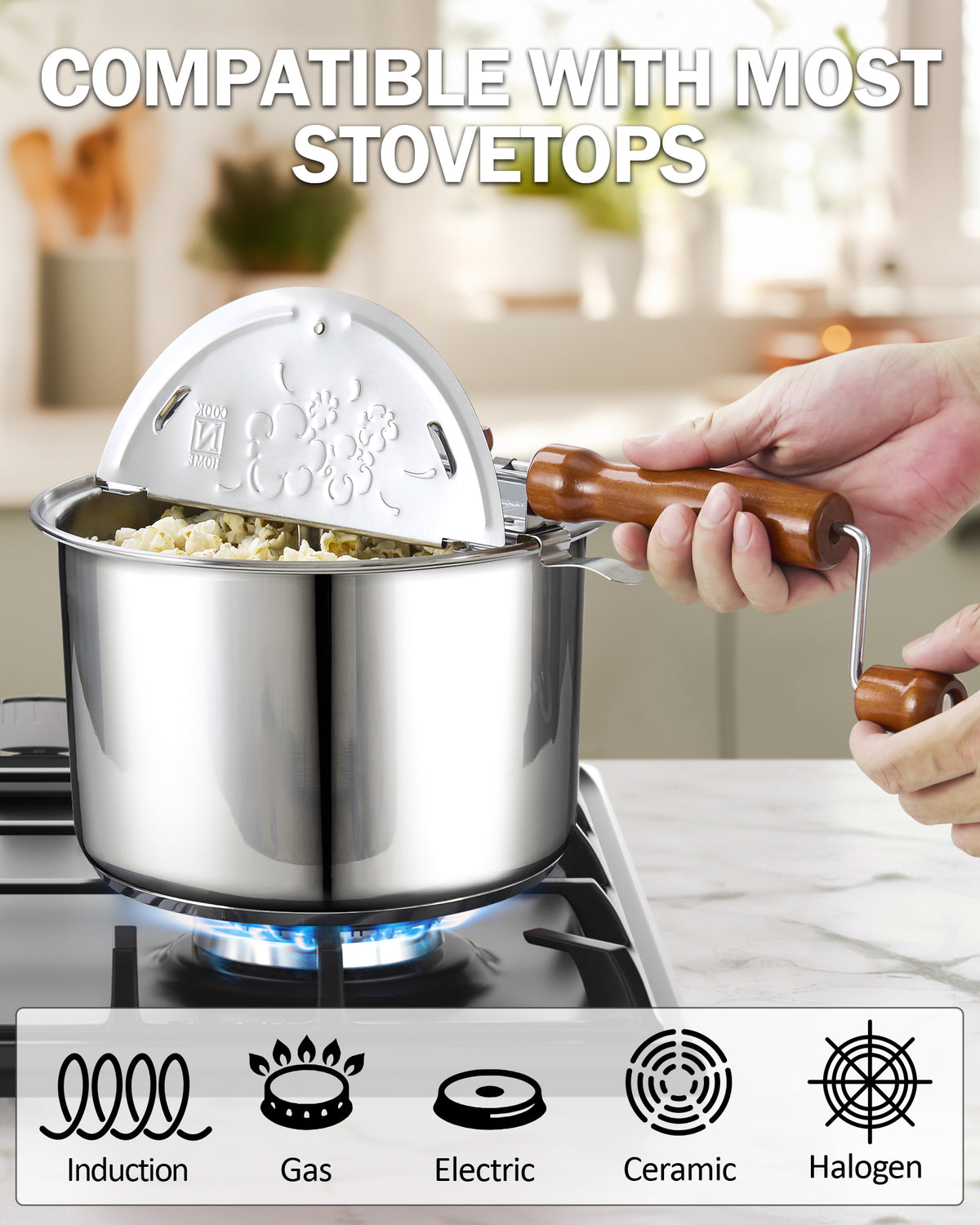Cook N Home Stovetop Popcorn Popper with Crank, 6 Quart Stainless Steel Popcorn Pot, Silver