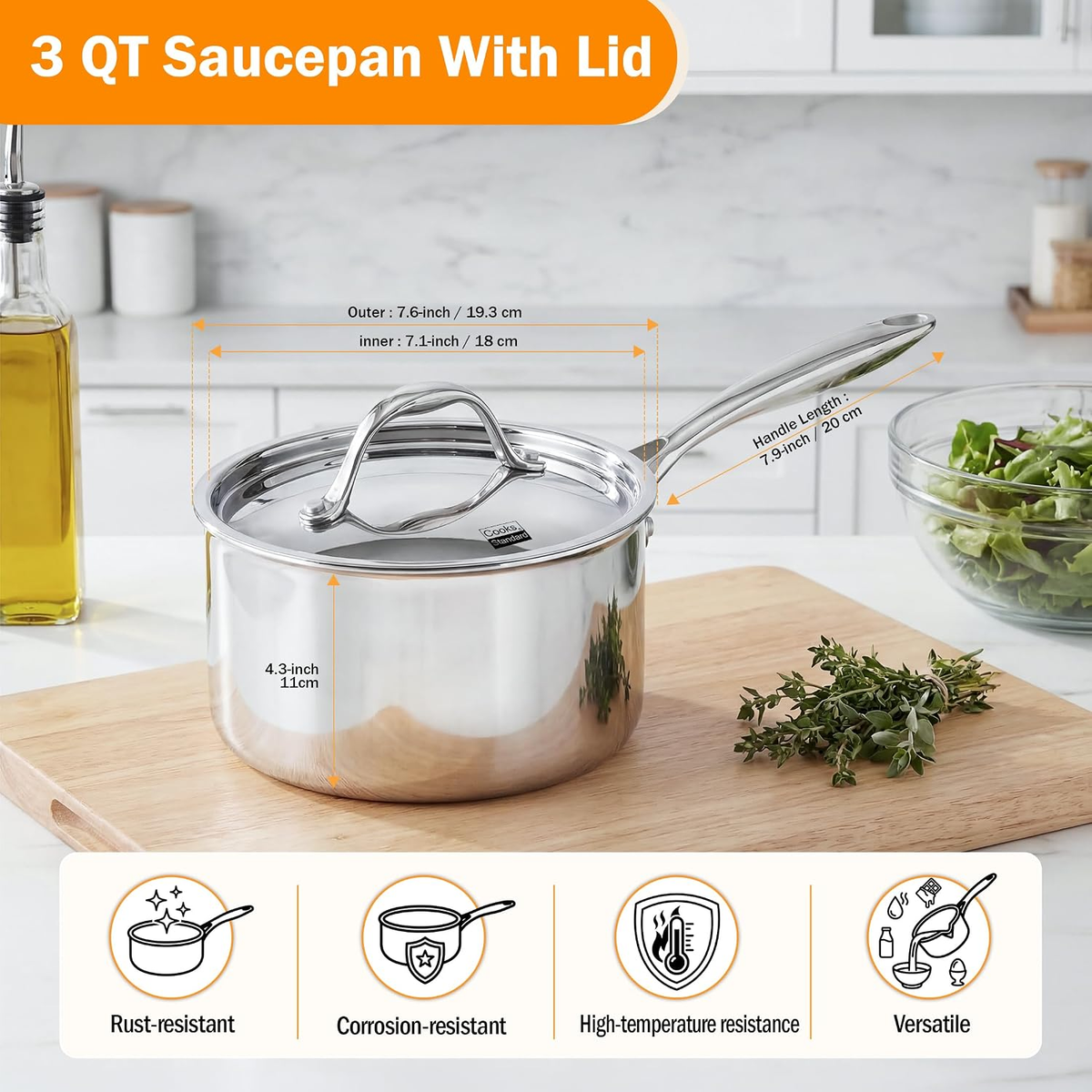 Cooks Standard 3-Quart Multi-Ply Clad Stainless Steel Saucepan with Lid,