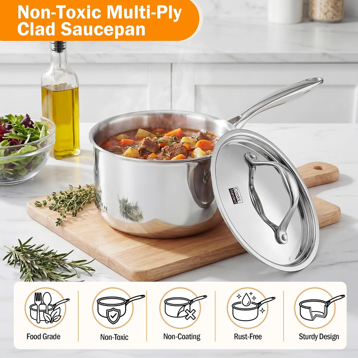 Cooks Standard 3-Quart Multi-Ply Clad Stainless Steel Saucepan with Lid,