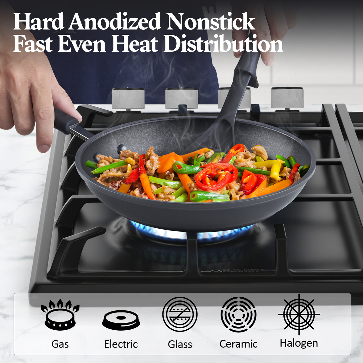 Cook N Home Nonstick Saute Fry Pan Professional Hard Anodized 12 inch Frying Pan with Lid, Dishwasher Safe with Stay-Cool Handles, Black