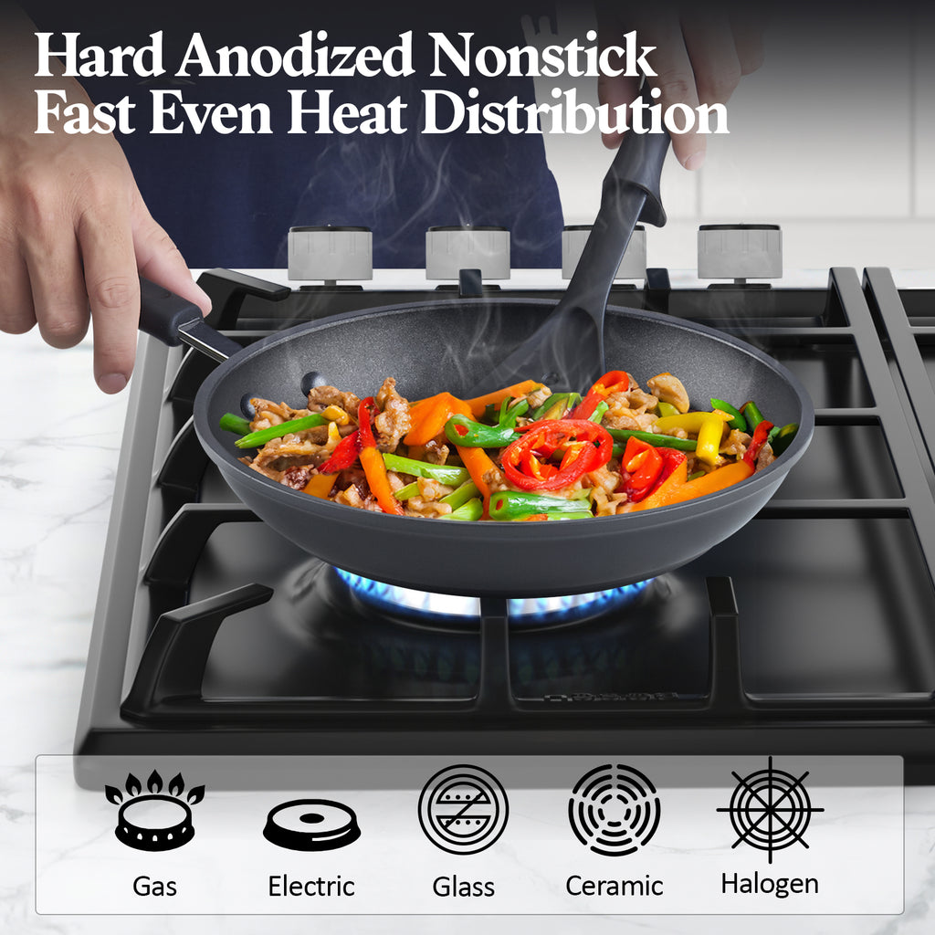 Cook N Home Nonstick Saute Fry Pan (8"/9.5")2 Piece Professional Hard Anodized Frying Pan Cookware Sets, Dishwasher Safe with Stay-Cool Handles, Black
