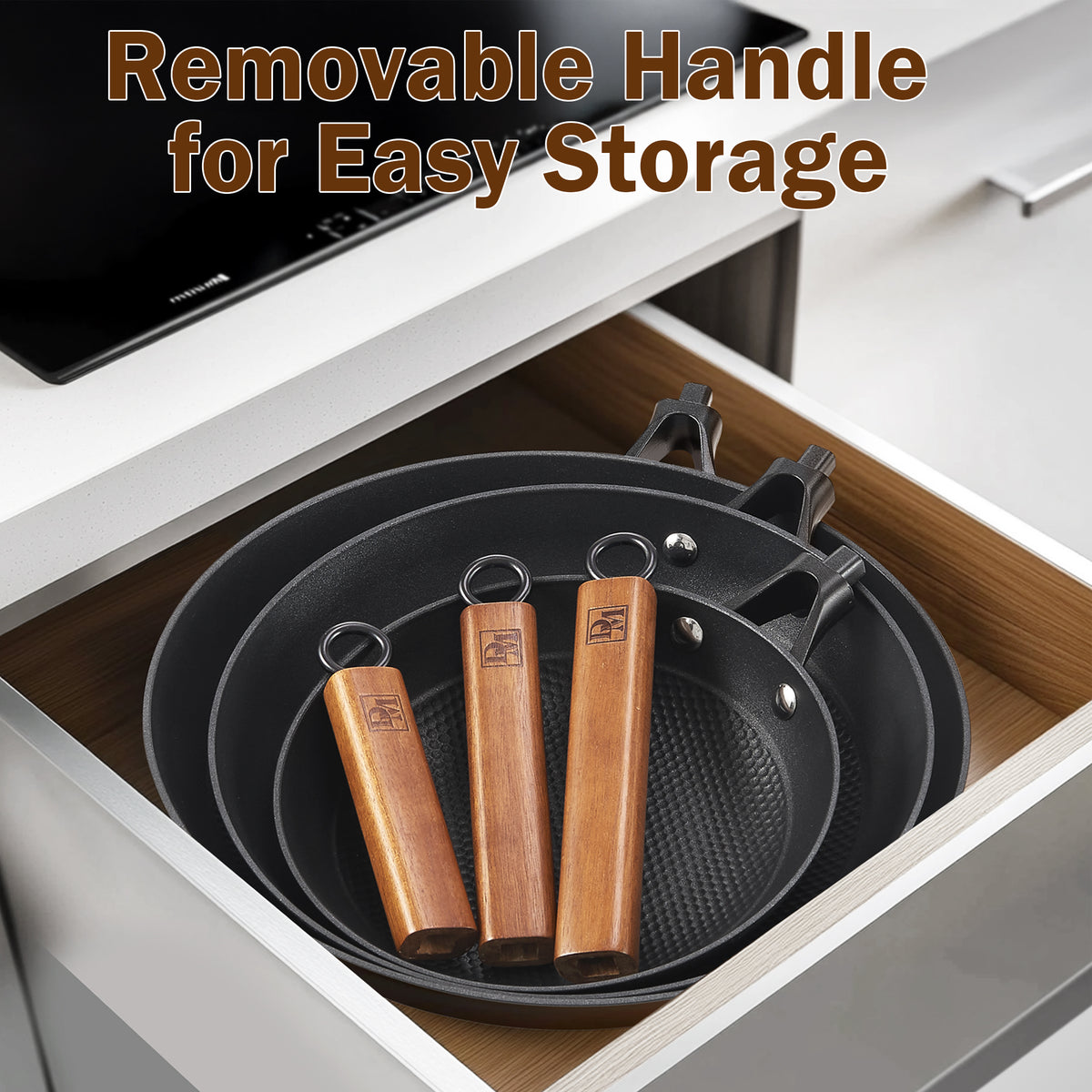 DM Cast Iron Skillet, 3 Piece Nonstick Frying Pan Set, 8â€?10â€?12â€?with Detachable Acacia Wooden Handle, Honeycomb Non stick Omelet Egg Pan, Easy Clean Oven Safe Pans for Cooking