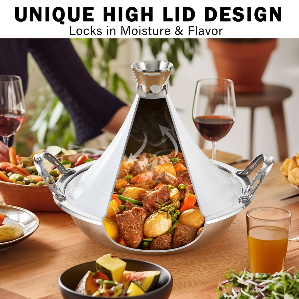Cooks Standard Moroccan Tagine Pot, 3.6 Qt Multi-Ply Clad Stainless Steel Pan with Dual Handles, Clay Pot Alternative for Slow Cooking, Cone-Shaped Die-Cast Aluminum Lid & Extra Glass Lid, White